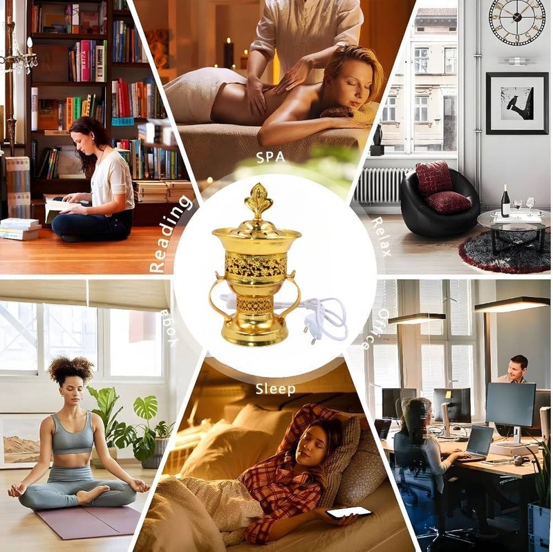 Electric Bakhoor Incense Burner with On/Off Switch and Gold Trim for all kinds of Bakhoor - Ideal for Home, office, Yoga Meditation room and Gifting - Gold - Image 5