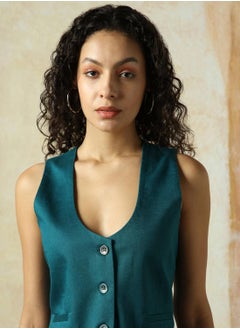 HIGH STAR Women's Deep Teal Cotton Blend Solid Regular Fit Waistcoat  - Image 4