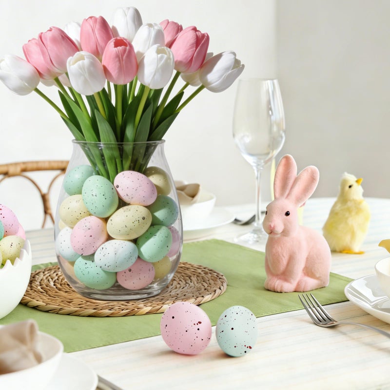 KJX 24 Pcs Plastic Speckled Easter Eggs, 2.4in 4 Colors Faux Pastel Speckled Eggs Bowl Vase Filler, Decorative Easter Eggs for Home Tables Centerpieces DIY Craft Spring Decor (Pastel) - Image 3