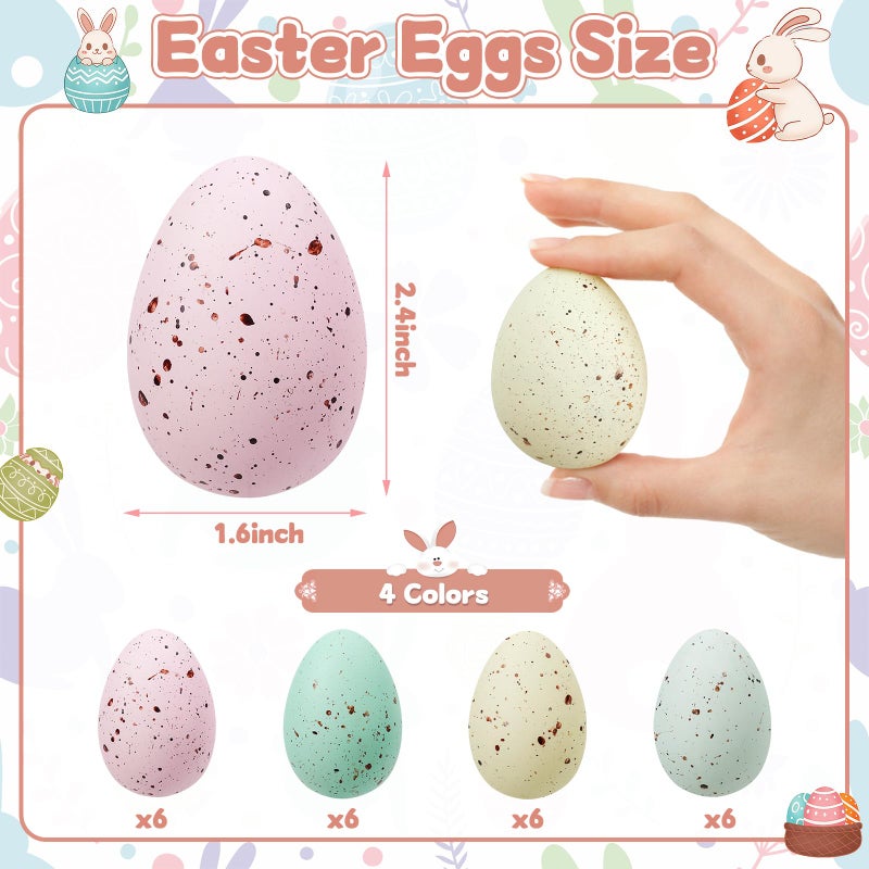 KJX 24 Pcs Plastic Speckled Easter Eggs, 2.4in 4 Colors Faux Pastel Speckled Eggs Bowl Vase Filler, Decorative Easter Eggs for Home Tables Centerpieces DIY Craft Spring Decor (Pastel) - Image 2
