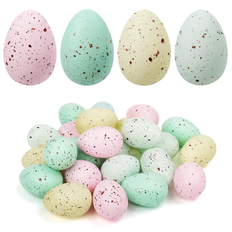 KJX 24 Pcs Plastic Speckled Easter Eggs, 2.4in 4 Colors Faux Pastel Speckled Eggs Bowl Vase Filler, Decorative Easter Eggs for Home Tables Centerpieces DIY Craft Spring Decor (Pastel) - Image 1