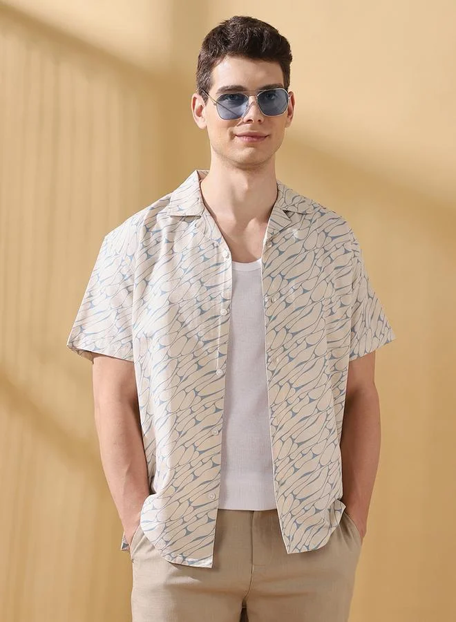 دينيس لينغو قميص رجالي أزرق قطن 1% مطبوع بأزرار بقصة مريحة