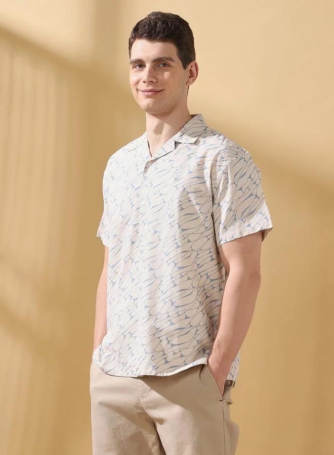 دينيس لينغو قميص رجالي أزرق قطن 1% مطبوع بأزرار بقصة مريحة