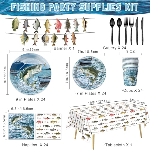 LINHAXM 170PCS Gone Fishing Party Decorations Fishing Birthday Party Decorations Include Plates, Cups, Cutlery, Banner, Tablecloth for Ofishally One Birthday Decorations, Serve 24 - Image 2