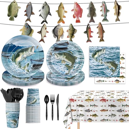 LINHAXM 170PCS Gone Fishing Party Decorations Fishing Birthday Party Decorations Include Plates, Cups, Cutlery, Banner, Tablecloth for Ofishally One Birthday Decorations, Serve 24 - Image 1