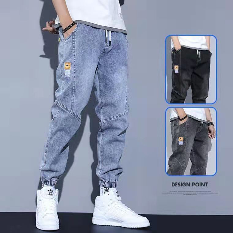Summer Slim-fit Mens Drawstring Jeans 551 Gray  - Image 3