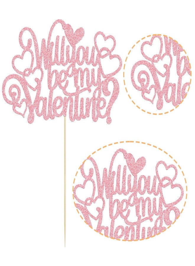 Ephlyn 1Pc Will You Be My Valentine Cake Topper Glitter Love Heart Valentine's Day Cake Pick for Valentine's Day Theme Wedding Bridal Shower Birthday Party Cake Decorations Supplies Pink - Image 3