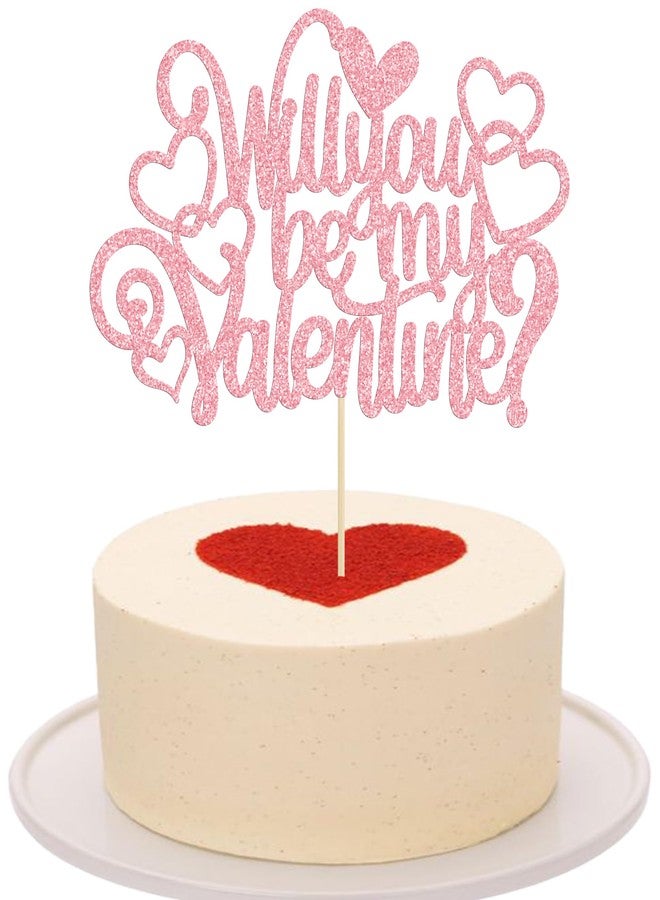 Ephlyn 1Pc Will You Be My Valentine Cake Topper Glitter Love Heart Valentine's Day Cake Pick for Valentine's Day Theme Wedding Bridal Shower Birthday Party Cake Decorations Supplies Pink - Image 1