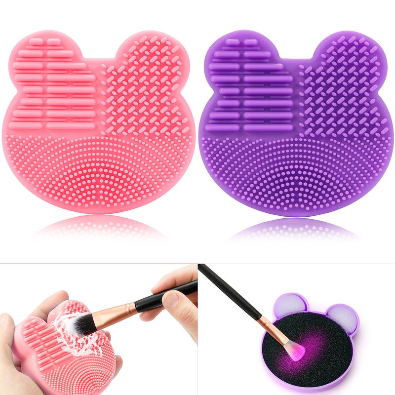 TailaiMei TailaiMei 2 Pack Makeup Brush Cleaning Mat with Color Removal Sponge 2 in 1 Design Silicone Cleaner Pad for Dry Brush Color Switch and Wet Cleaning PinkPurple