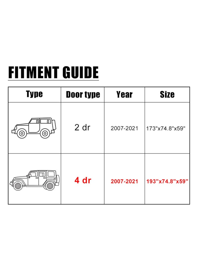 Generic Heavy-Duty Car Cover for Jeep Wrangler 4-Door 2007-2023 | Waterproof Outdoor Protection | Sun, Rain, Dust, Wind & Snow Resistant | Black Cover with Driver Door Zipper Access - Image 3