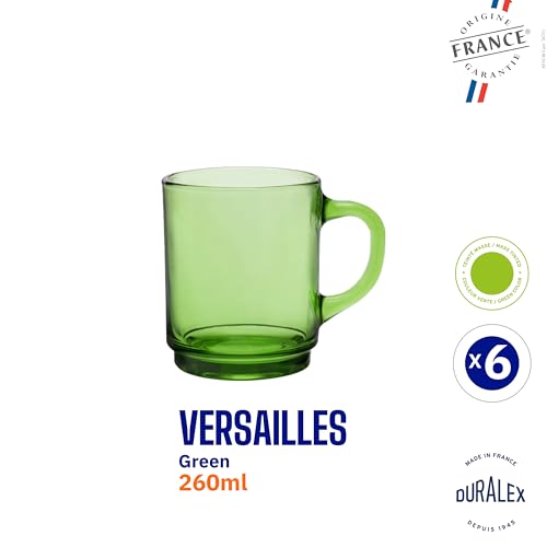 Duralex® Versailles Green Tempered Glass Mugs | 260ml Set of 6 | Ultra-Resistant, Stackable Coffee & Tea Mugs | Microwave & Dishwasher Safe | Giftable Mug Set - Image 3