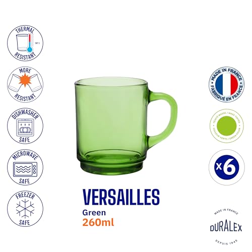 Duralex® Versailles Green Tempered Glass Mugs | 260ml Set of 6 | Ultra-Resistant, Stackable Coffee & Tea Mugs | Microwave & Dishwasher Safe | Giftable Mug Set - Image 4