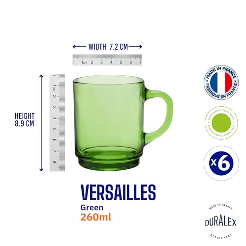Duralex® Versailles Green Tempered Glass Mugs | 260ml Set of 6 | Ultra-Resistant, Stackable Coffee & Tea Mugs | Microwave & Dishwasher Safe | Giftable Mug Set - Image 5