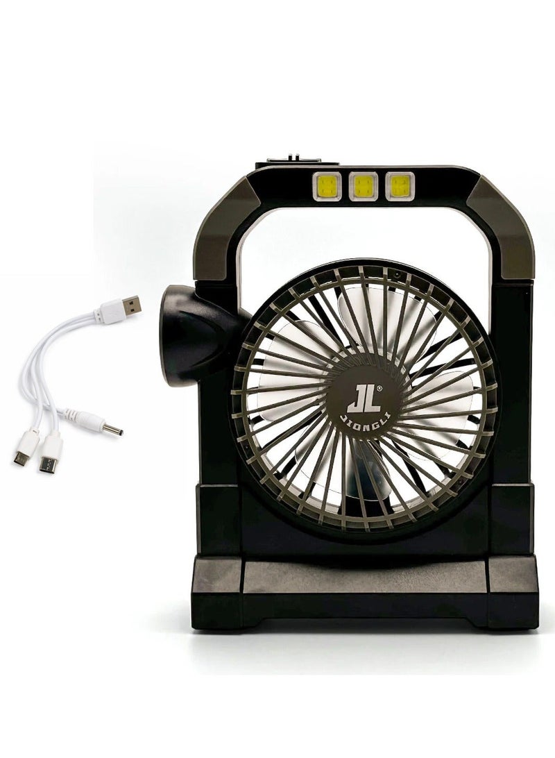 Rechargeable Solar Fan Lamp JL-9522 Portable Mini Fan with LED Light 2400mAh Battery USB Charging Phone Power Bank Emergency Lantern Table Fan for Home Office Camping Outdoor Travel with Handle Strong Airflow Multi Function Solar Charge Backup - Image 1
