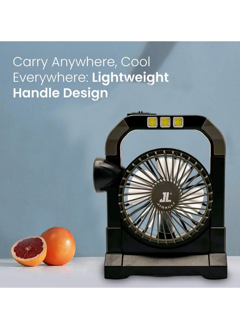 Rechargeable Solar Fan Lamp JL-9522 Portable Mini Fan with LED Light 2400mAh Battery USB Charging Phone Power Bank Emergency Lantern Table Fan for Home Office Camping Outdoor Travel with Handle Strong Airflow Multi Function Solar Charge Backup - Image 2