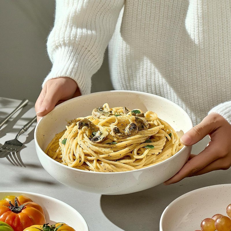 Gencywe 8.3" Pasta Bowls Set of 4, 34 oz Ceramic Salad Bowls, White Serving Plate, Wide and Shallow Bowl for for Fruits, Noodle, Dinner, Housewarming Wedding Christmas Dishwasher and Microwave Safe - Image 2