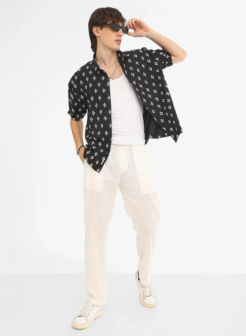 Campus Sutra Men's Midnight Black Floral-Tactile Oversized Shirt
