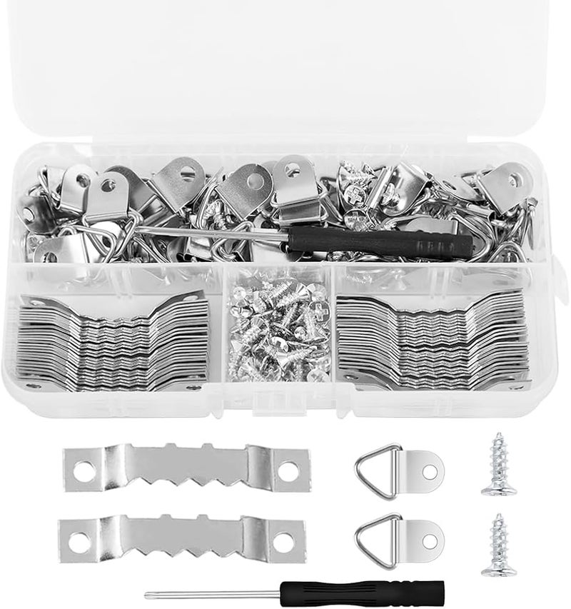 HASTHIP® 251Pcs Picture Frame Hanging Kit with Tool Box, Silver Metal Hangers, Saw-Tooth Strips & M4 Screws, Hardware Heavy Duty Picture Hangers for Artworks, Photos & Decorative Wall Panels - Image 1