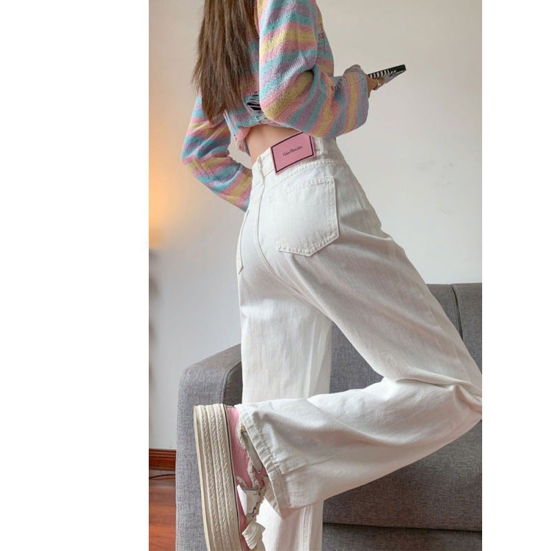 White Wide-Leg Jeans For Women, Summer Thin Narrow Version, Petite High-Waisted, Loose Slimming Plus-Size Floor-Length Straight Pants - Image 2