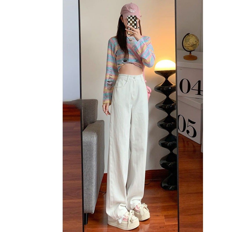 White Wide-Leg Jeans For Women, Summer Thin Narrow Version, Petite High-Waisted, Loose Slimming Plus-Size Floor-Length Straight Pants - Image 3