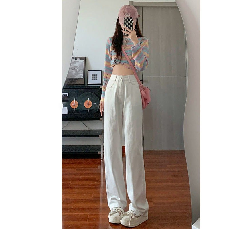 White Wide-Leg Jeans For Women, Summer Thin Narrow Version, Petite High-Waisted, Loose Slimming Plus-Size Floor-Length Straight Pants - Image 4