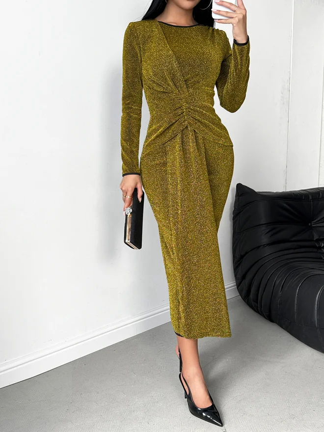 Take Two Take Two Khaki Long Sleeve Bodycon Midi Dress