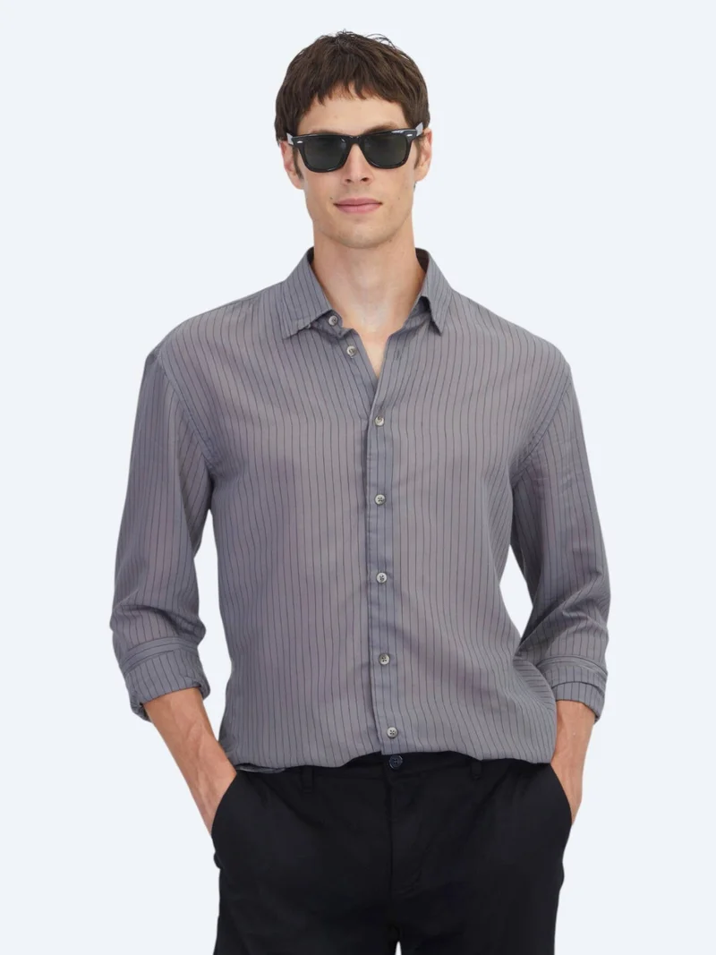 Kip Hard Coal Striped Oversize Fit Long Weaving Casual Shirt