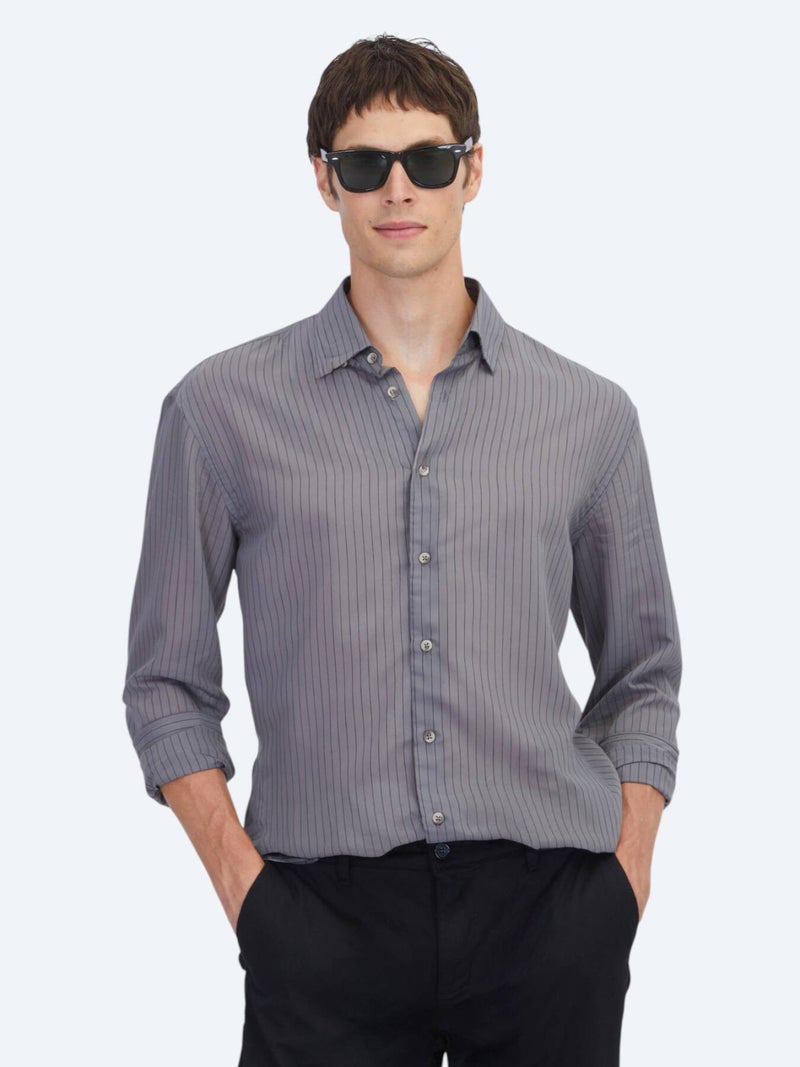 Kip Hard Coal Striped Oversize Fit Long Weaving Casual Shirt - Image 1