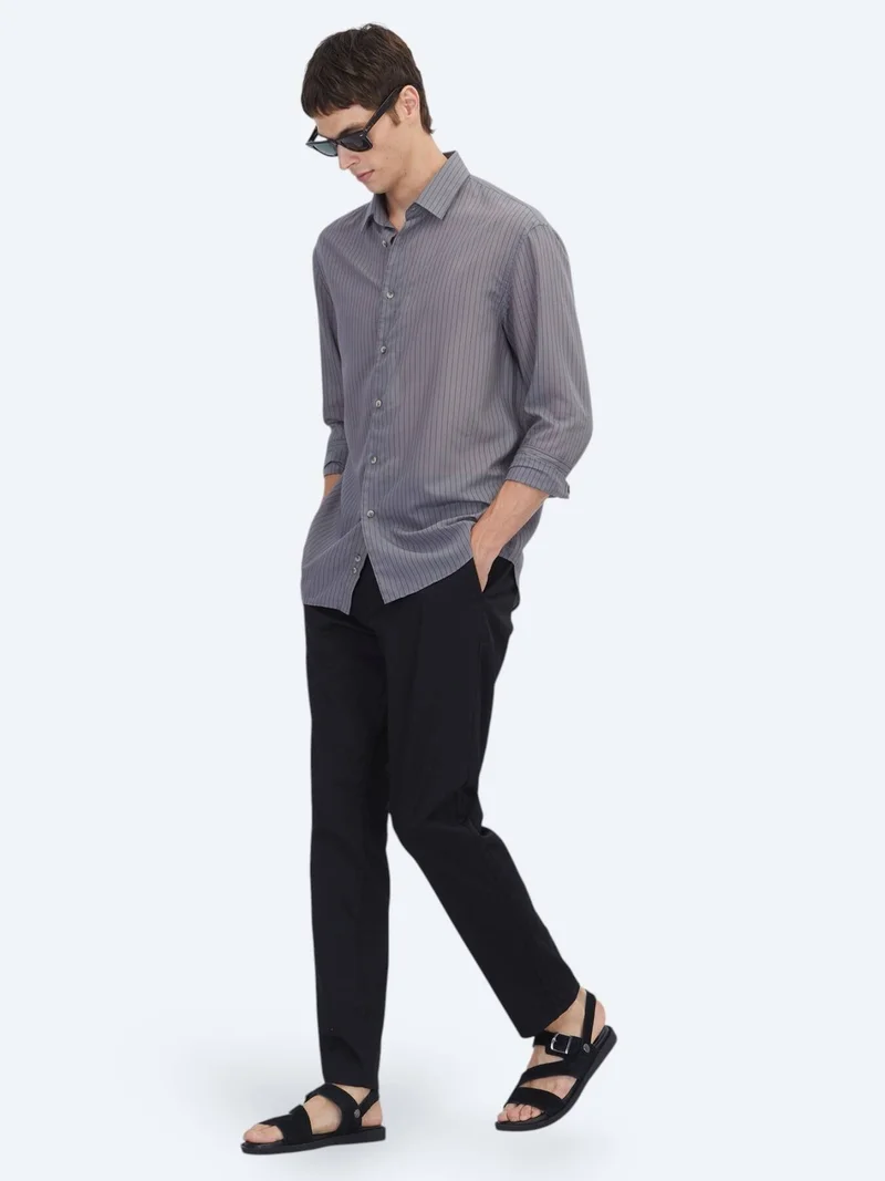 Kip Hard Coal Striped Oversize Fit Long Weaving Casual Shirt