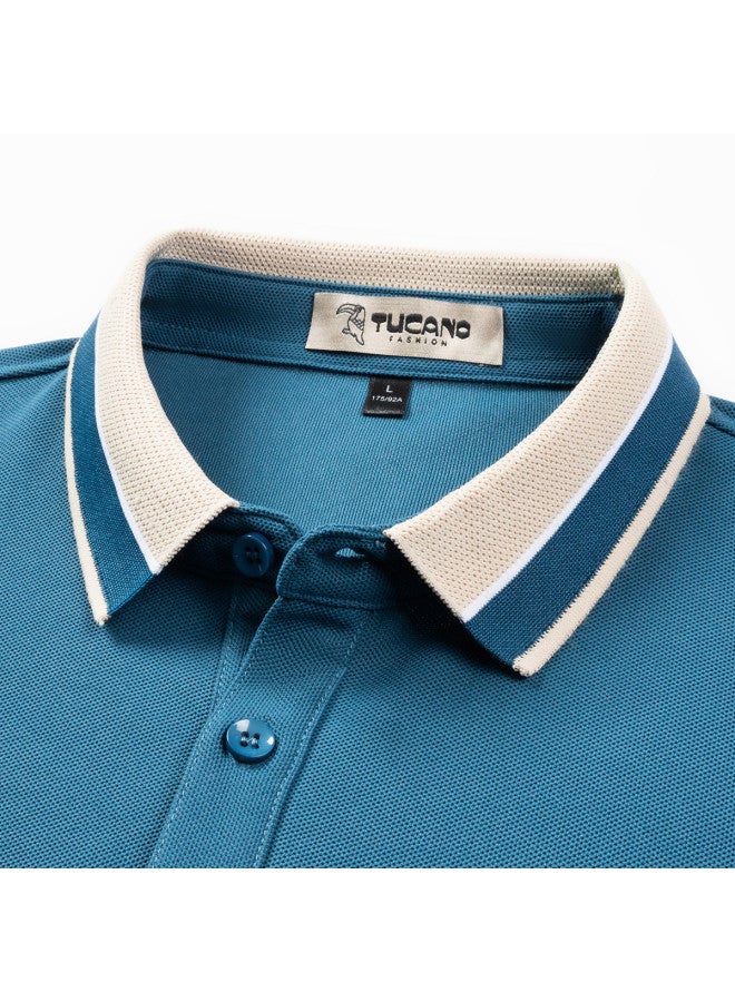 Tucano men's Classic Solid Color Collar Business Casual Breathable Short-sleeve Polo Shirt T-shirt - Image 3