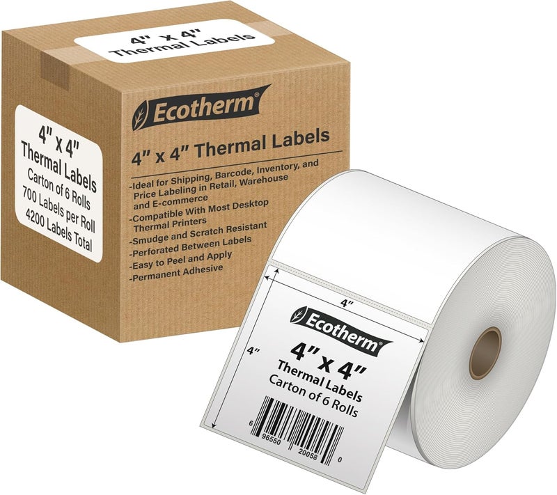 Ecotherm 4" x 4" Thermal Labels | 6 Rolls | 4200 Labels | fits Zebra, Munbyn, Rollo, Godex, Arkscan, iDPRT, Offnova Thermal Label Printers and More | Blank White Adhesive Stickers by - Image 1