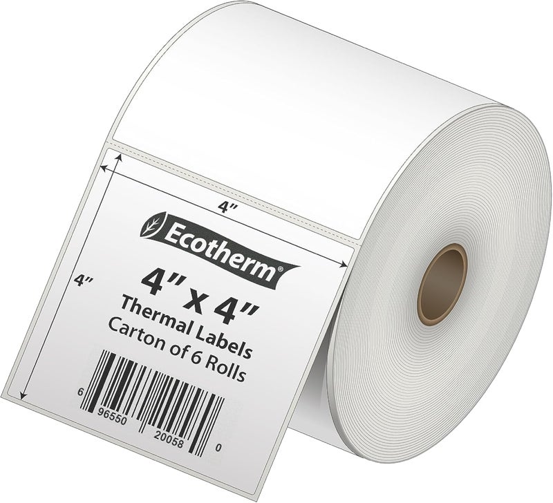 Ecotherm 4" x 4" Thermal Labels | 6 Rolls | 4200 Labels | fits Zebra, Munbyn, Rollo, Godex, Arkscan, iDPRT, Offnova Thermal Label Printers and More | Blank White Adhesive Stickers by - Image 2