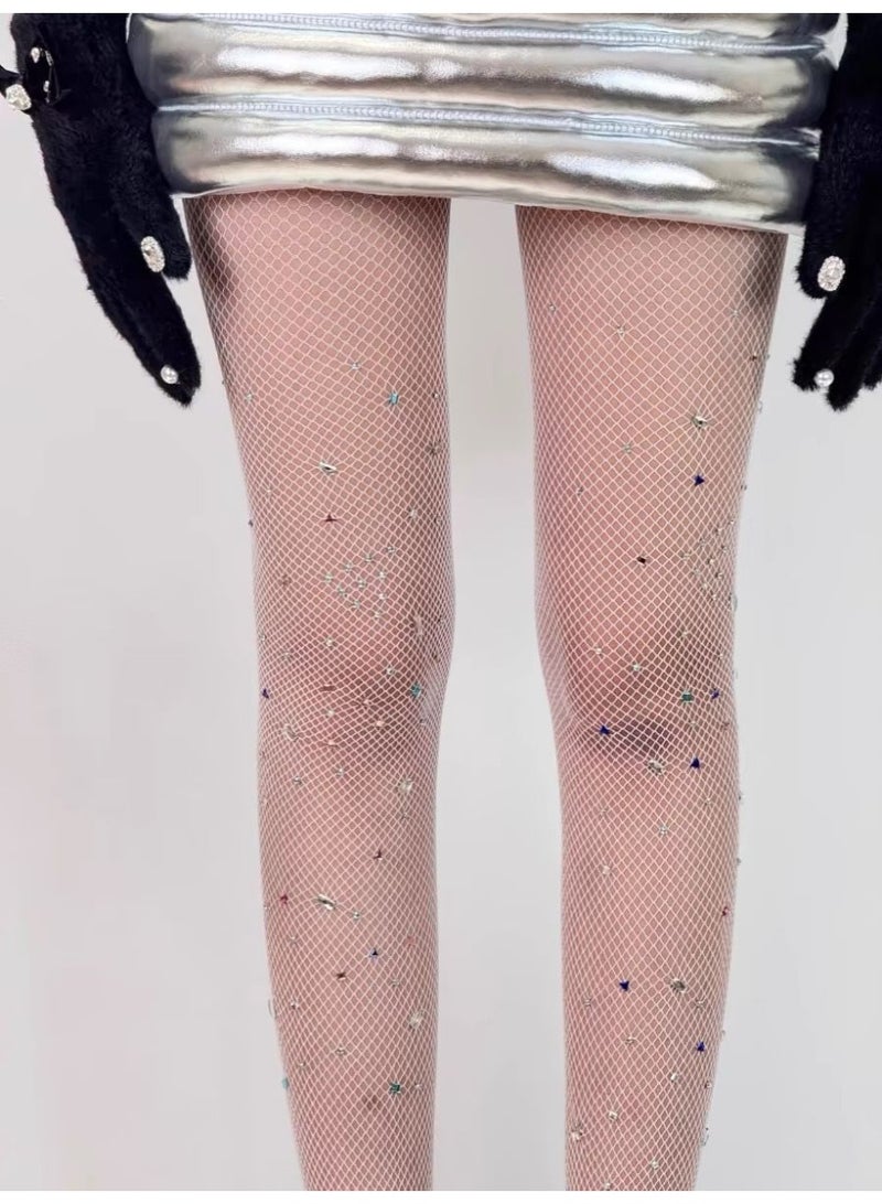 Joychic Fashion Shiny Diamond Women's Stockings Slim Fit Shiny Rhinestone Mesh Nylon Stockings Fishnet Tights Pantyhose Luxury Diamond White Stockings - Image 4