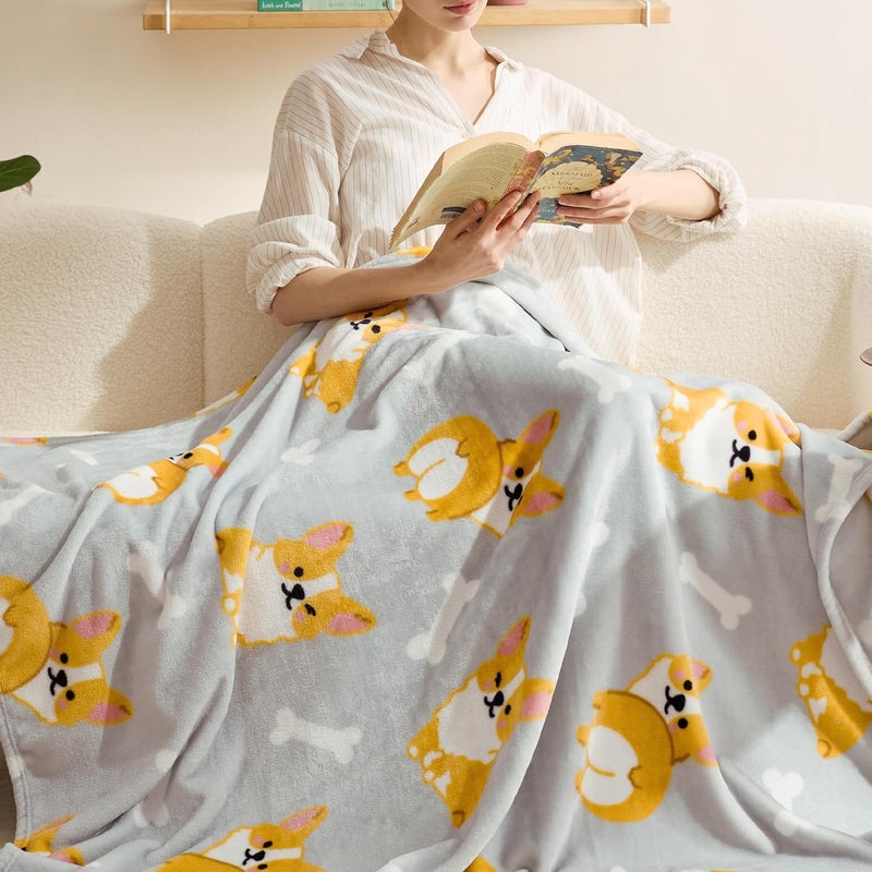 Bedsure Cute Dog Blanket for Kids as Birthday Gifts - Corgi Gifts for Corgi Lovers Girls Boys Women Teens, GentleSoft Cozy Home Decor Animal Pattern Blankets for Couch Sofa Bed Camping, Grey, 50x60 - Image 1