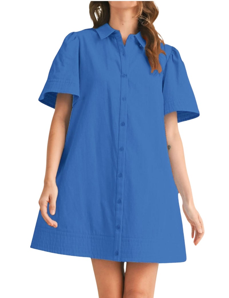 Meyhad Womens Short Sleeve Button Down Mini Shirt Dress Lapel Collar Short Dresses with Pocket(0942-Blue-S) - Image 1