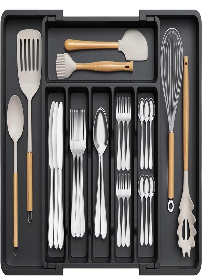 KANUPRIYA Kitchen Drawer Organizer, Expandable Utensil Tray for Kitchen, BPA Free Flatware and Cutlery Holder, Adjustable Plastic Storage for Spoons Forks Knives (black) - Image 1