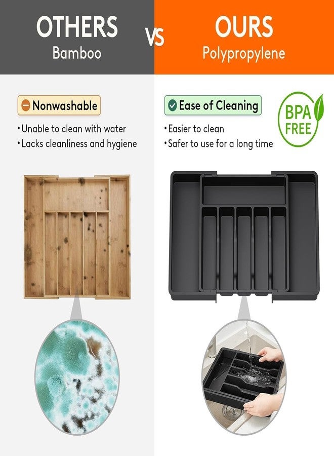 KANUPRIYA Kitchen Drawer Organizer, Expandable Utensil Tray for Kitchen, BPA Free Flatware and Cutlery Holder, Adjustable Plastic Storage for Spoons Forks Knives (black) - Image 4