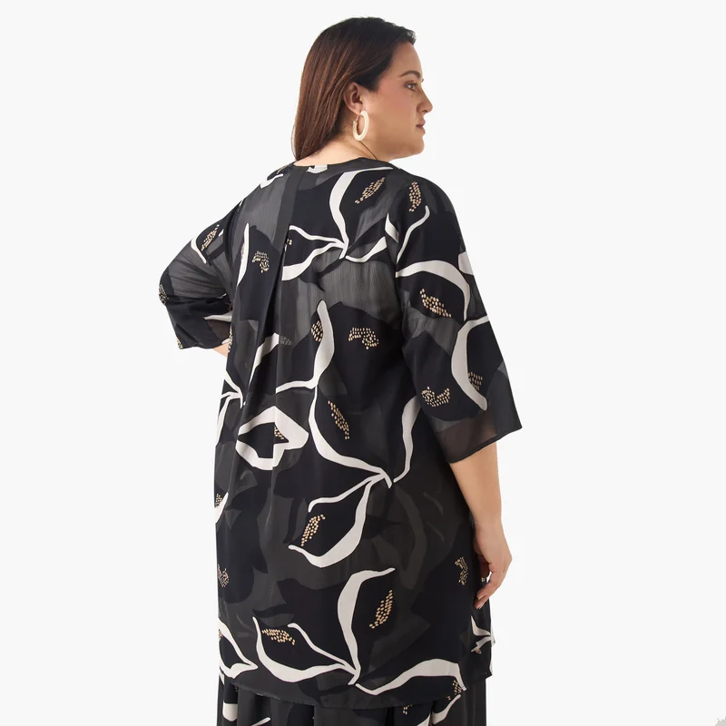 Ulla Popken Plus Size Ulla Popken Printed Kimono Shrug with 3/4 Sleeves and Tie-Up Detail