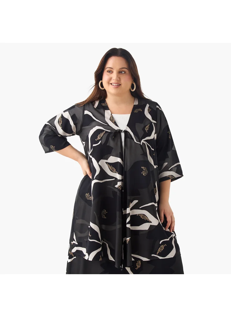  أولا بوبكن Plus Size Ulla Popken Printed Kimono Shrug with 3/4 Sleeves and Tie-Up Detail