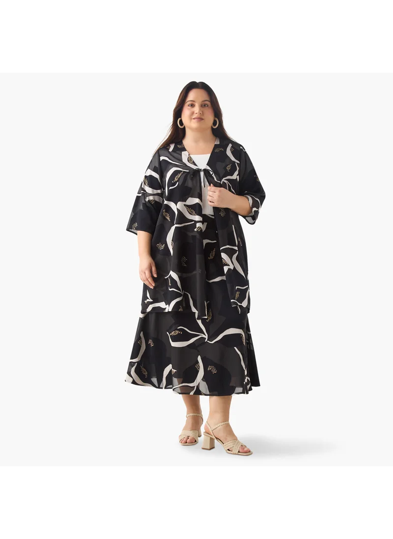  أولا بوبكن Plus Size Ulla Popken Printed Kimono Shrug with 3/4 Sleeves and Tie-Up Detail