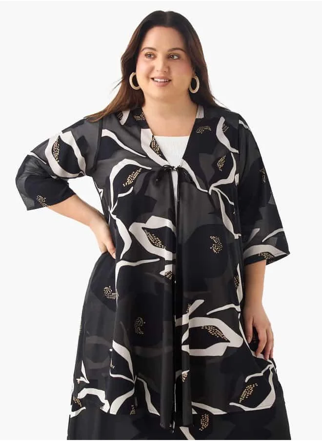 Ulla Popken Plus Size Ulla Popken Printed Kimono Shrug with 3/4 Sleeves and Tie-Up Detail