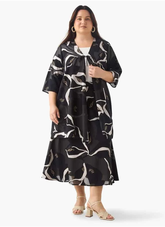 Ulla Popken Plus Size Ulla Popken Printed Kimono Shrug with 3/4 Sleeves and Tie-Up Detail