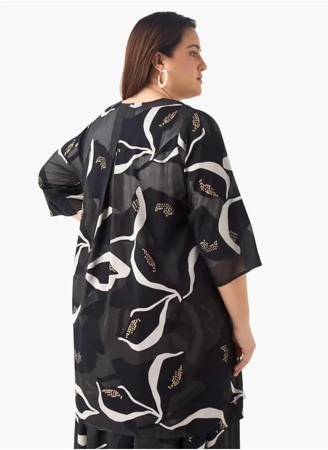  أولا بوبكن Plus Size Ulla Popken Printed Kimono Shrug with 3/4 Sleeves and Tie-Up Detail