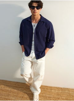 trendyol Navy Blue Unisex Regular Fit 100% Cotton Linen Look Shirt TMNSS23GO00099 TMNSS23GO00099  - Image 1