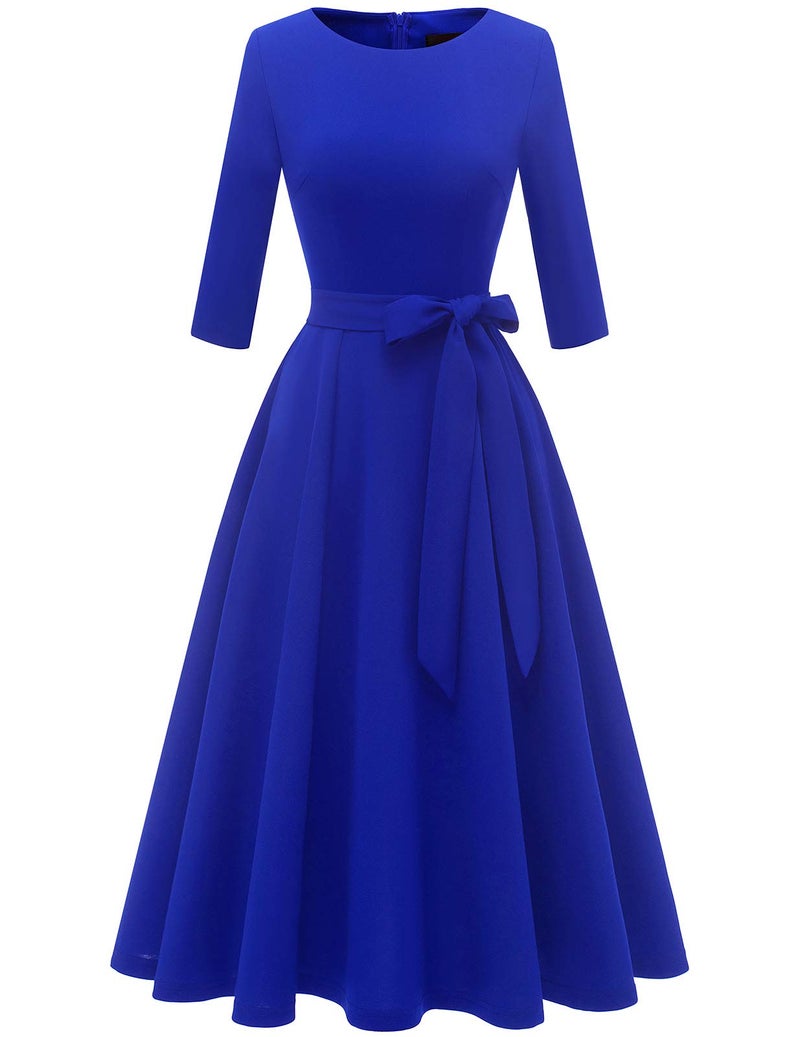 DRESSTELLS Royal Blue Dress for Cocktail Party, Formal Wedding Guest Long Sleeve Mother of the Bride Dresses Church Prom Evening Gown Gala Modest A line Swing 1950s Retro Vingtage, Royal Blue M - Image 1