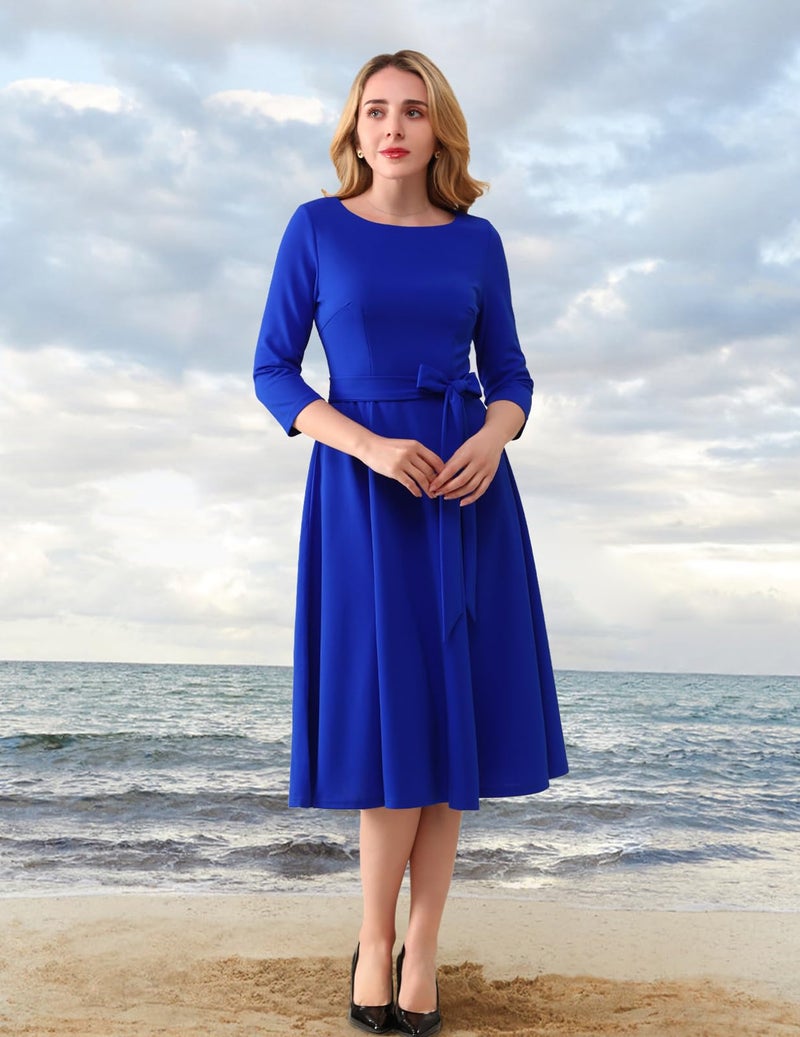 DRESSTELLS Royal Blue Dress for Cocktail Party, Formal Wedding Guest Long Sleeve Mother of the Bride Dresses Church Prom Evening Gown Gala Modest A line Swing 1950s Retro Vingtage, Royal Blue M - Image 2