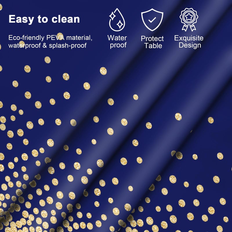 Mulbozy 2 Pcs Navy Blue and Gold Plastic Tablecloth for Rectangle Table, 54 Ã— 108 inches Disposable Gold Dot Dark Blue Party Table Covers for Anniversary, Wedding, Fine Dining, Graduation Party Decoration - Image 3