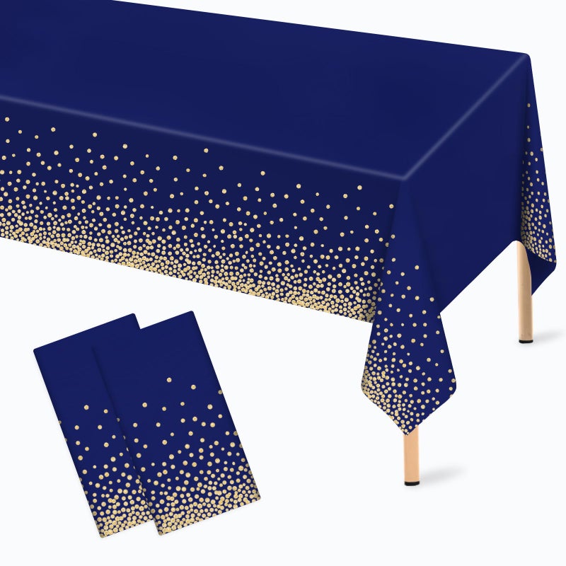 Mulbozy 2 Pcs Navy Blue and Gold Plastic Tablecloth for Rectangle Table, 54 Ã— 108 inches Disposable Gold Dot Dark Blue Party Table Covers for Anniversary, Wedding, Fine Dining, Graduation Party Decoration - Image 1