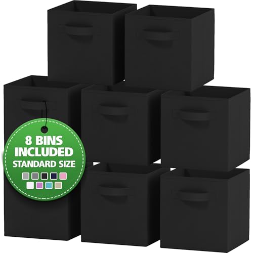 Royexe Set of 8 Foldable Fabric Storage Cube Bins | Collapsible Cloth Organizer Baskets Containers | Folding Nursery Closet Drawer | Features Dual Handles | Beautiful Colors Available (Black) - Image 1