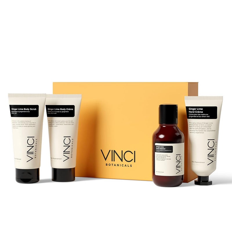 Vinci Botanicals مجموعة هدايا فينشي بوتانيكالز زنجبيل ليمون كريم يد غسول جسم كريم جسم مقشر ينظف يلمع يرطب البشرة رائحة حمضيات منعشة أحجام سفر أساسية يومية مجموعة من 4 - Image 1